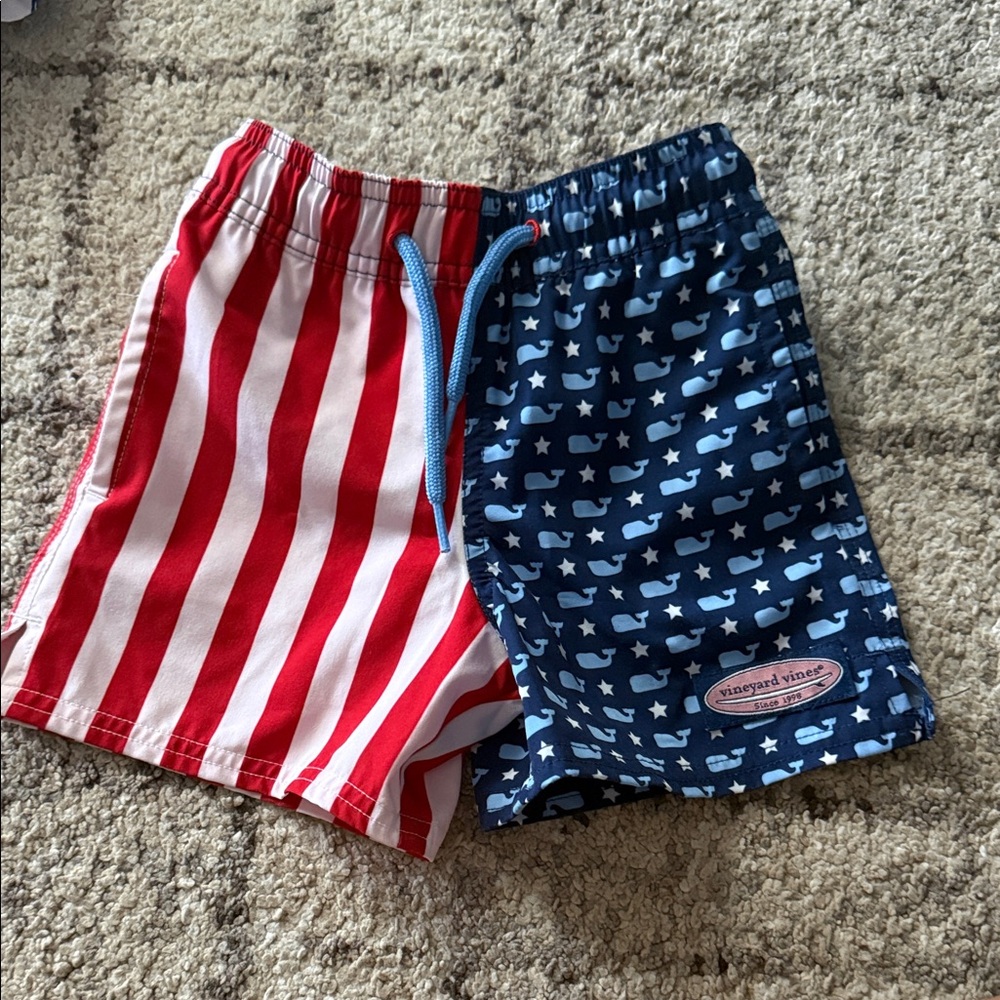 Vineyard Vines Red & Navy Split Whale Stripe Swim Shorts